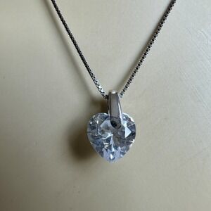 Vintage Pendant Necklace 17 Inch Heart Clear Cubic Zirconia 925 Sterling‎ 3.9g